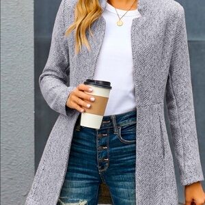 Vici Tayshia Pocket Coat Womens Grey Herringbone Open Front Tweed Jacket Size S